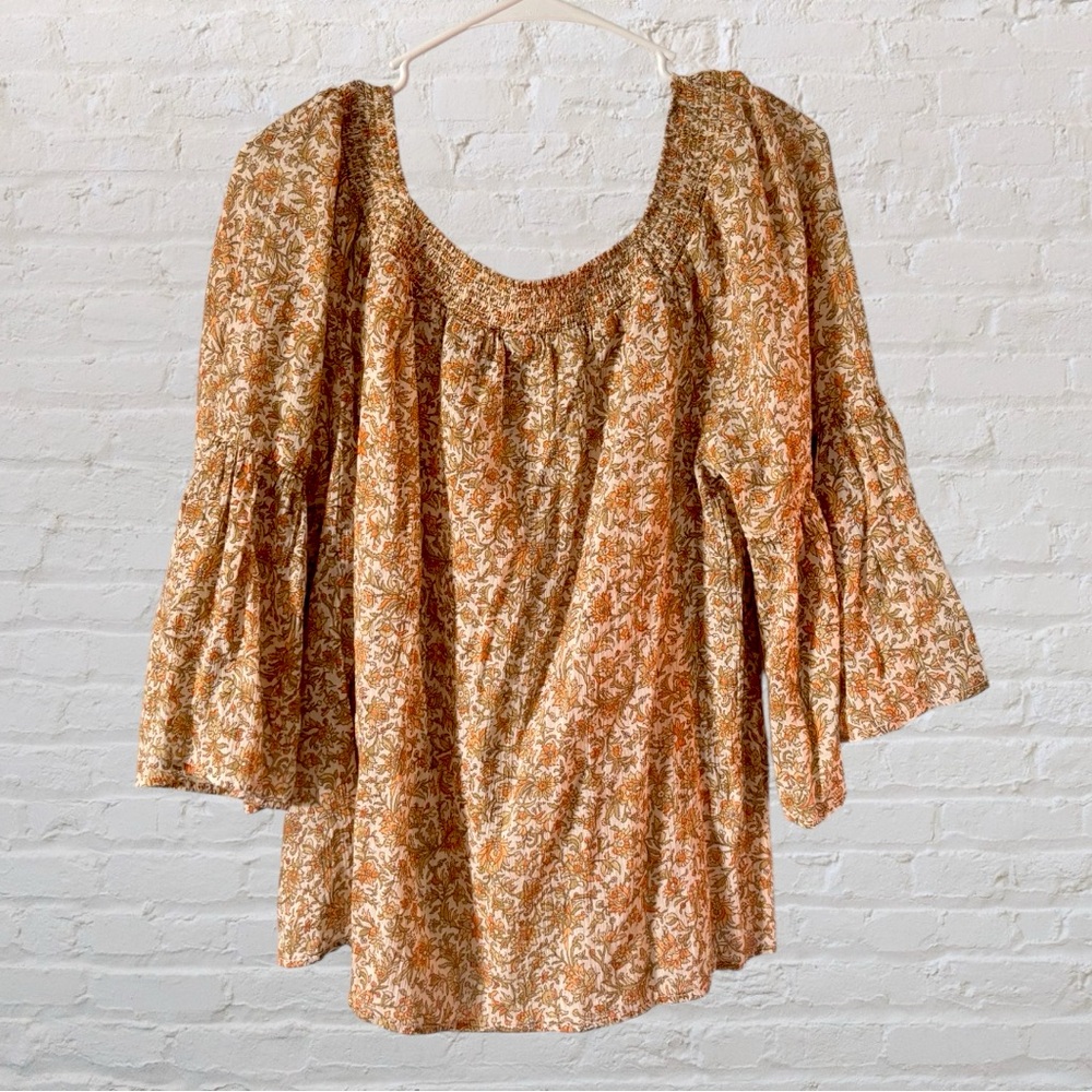 Chaps Floral Smocked Blouse - Beige and Orange